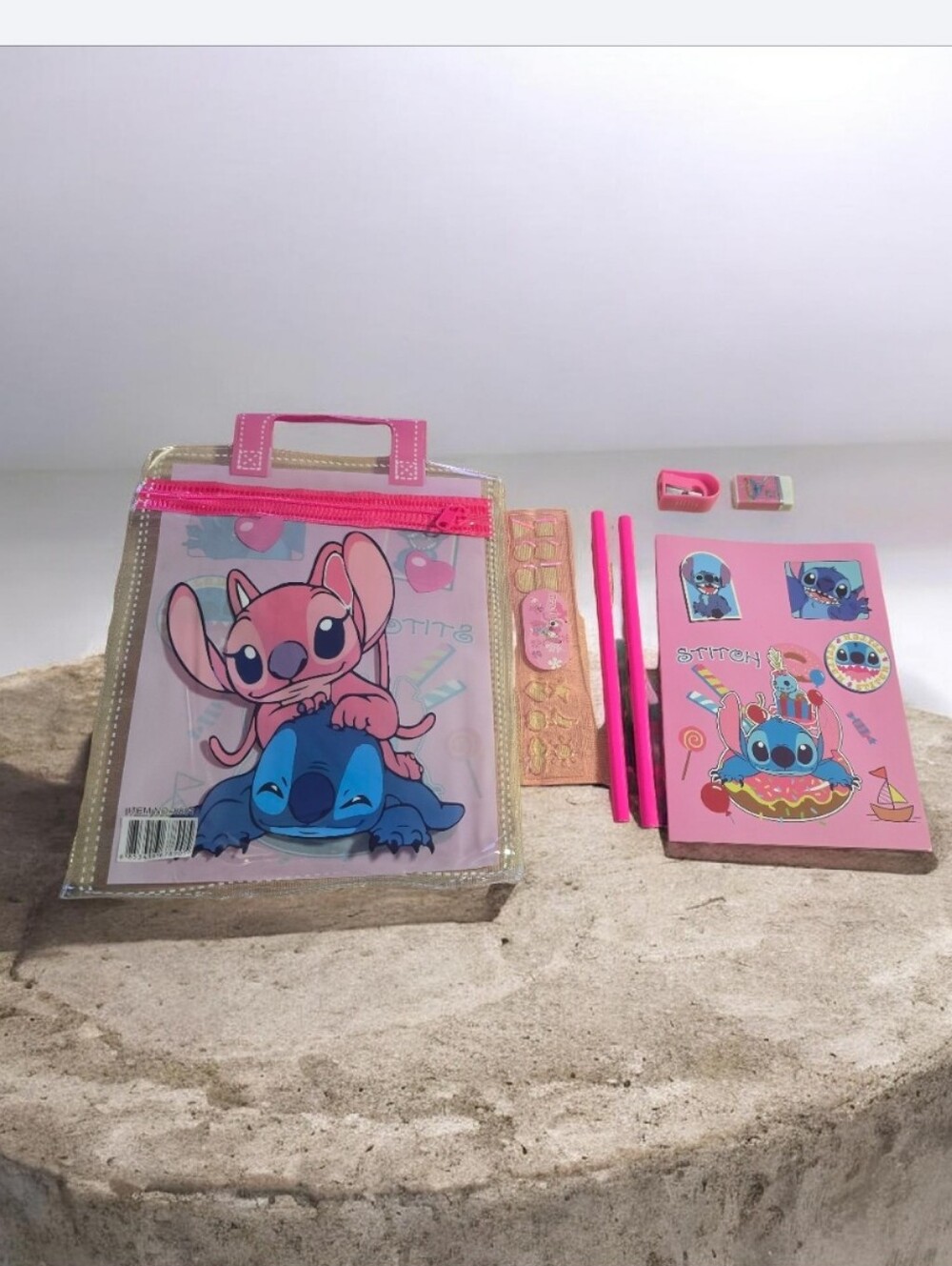 Disney Pink Stitch Clear Carry Bag and Stationery Set